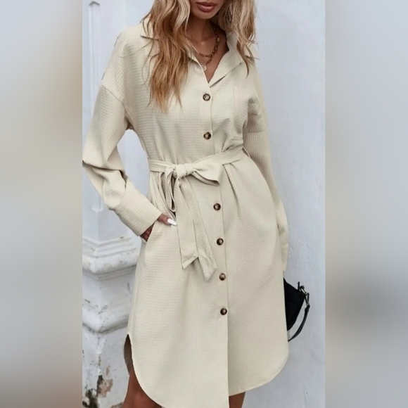 SHEIN Dresses & Skirts - Shein Slant Pockets Curved Hem Button Up Belted Shirt Dress Size M, UK 10